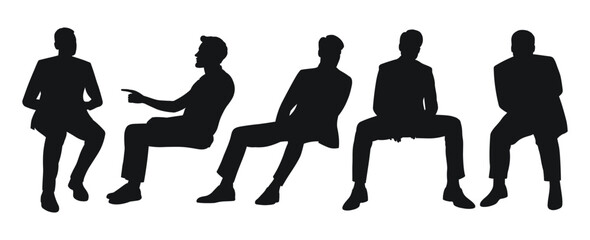 Silhouettes of men in business suits seated in various poses against a plain background