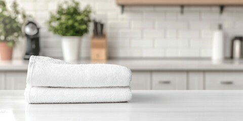 Freshly Folded White Towels on Kitchen Counter for Clean Home Concept