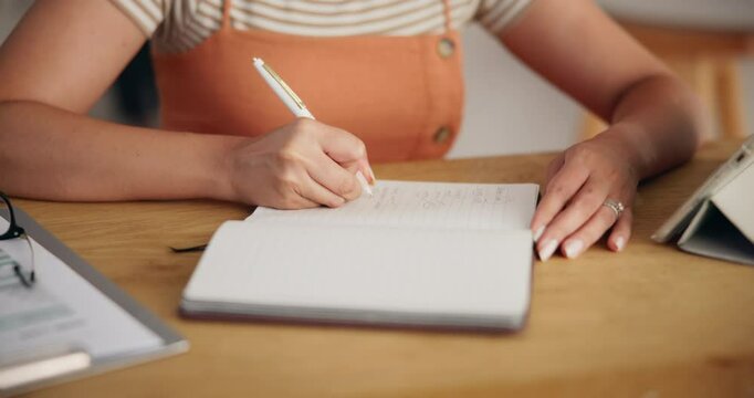 Woman, writer and hands of notebook in home for research, schedule update and editing blog. Closeup, journalist and reminder for writing story draft, article feedback or to do list of publishing task