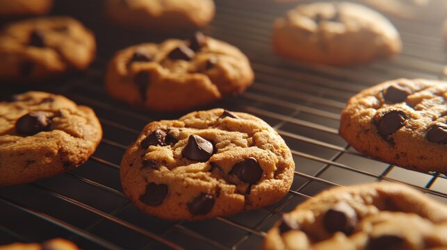 Freshly baked chocolate chip cookies cooling on wire rack, sweet and delicious, warm kitchen vibes, ultra-detailed, 4k - Powered by Adobe