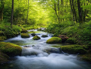 A serene forest scene with a flowing stream of water