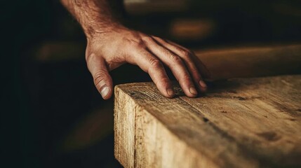 A human hand gently rests on a rough wooden surface