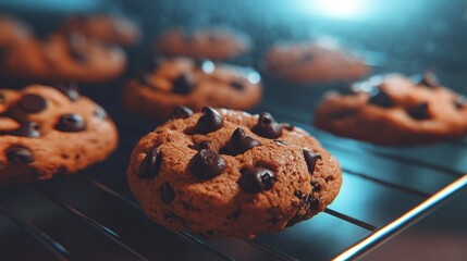 Freshly baked chocolate chip cookies cooling on wire rack, sweet and delicious, warm kitchen vibes, ultra-detailed, 4k