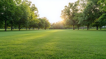 Obraz premium Sunlit Green Park Landscape with Lush Grass and Trees