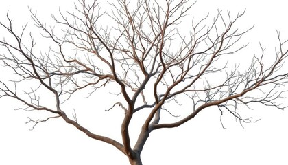Bare, intricately branched tree limbs isolated on pure white backdrop, close-up, stark