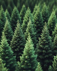 Lush evergreen forest, dense coniferous trees, aerial view of a pine forest, nature background.