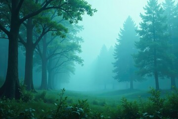 Fototapeta premium Calming aqua tones on a misty forest background, peaceful, mist