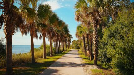Fototapeta premium Scenic coastal path lined with palm trees and greenery