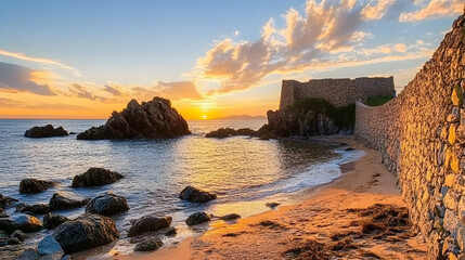 A beautiful sunset over the sea, with rocks on both sides of the beach and small waves lapping at their edges.
