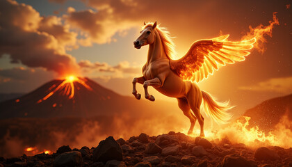 Fire-winged horse soaring above erupting volcano at dusk, dynamic power
