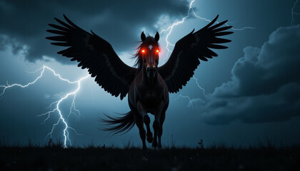 Winged horse emerging from thunderstorm, ominous power