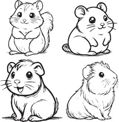 Adorable Cartoon Rodent Silhouettes - Black and White Illustrations