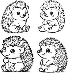 Charming Cartoon Hedgehog Silhouettes - Black and White Illustrations |