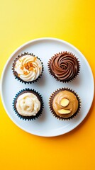 Set of four gourmet cupcakes with unique flavors and garnishes served on a minimalistic white plate on a gradient orange background
