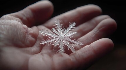 A delicate snowflake resting gently within an open human hand