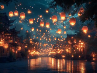 A magical Ramadan night in a village, with lanterns illuminating the water and architecture, celebrating the spirit of Islam and community.