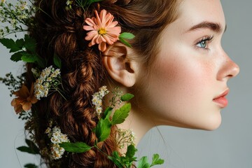 Naklejka premium Braids Adorned With Flowers and Foliage Create a Vibrant and Natural Hairstyle for a Spring Celebration Outdoors in a Lush Green Environment