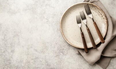 Elegant Plate with Three Forks on Gray Napkin and Textured Background