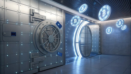 Futuristic Bank Vault with Digital Interfaces and Virtual Currency