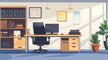 Cartoon office workspace with desk, computer and plants, creating a serene atmosphere
