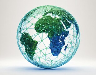 Stylized digital globe logo, featuring interconnected lines and dots to symbolize global connectivity and advanced technology, in cybernetic blue and digital green colors, white background