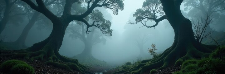 Fototapeta premium Foggy forest with twisted tree branches and gradient gray mist, fog, overgrown