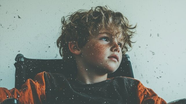 A young boy with a charming smile, confined to a wheelchair, sits proudly for a professional studio photograph, exemplifying courage in the face of a spinal injury, set against a clean white backdrop