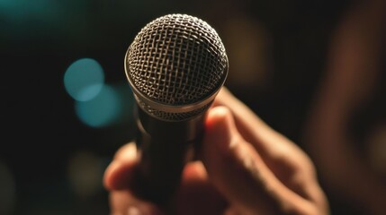 A person is holding a microphone ready to speak