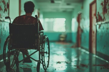 A modern hallway with soft blue lighting features an empty wheelchair, representing accessibility and support for mobility and healthcare in public areas