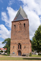 Fototapeta premium Bell tower of Stadtkirche church at Marlow, Germany
