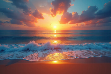 Fototapeta premium A stunning sunset over the ocean with foamy waves crashing on the shore