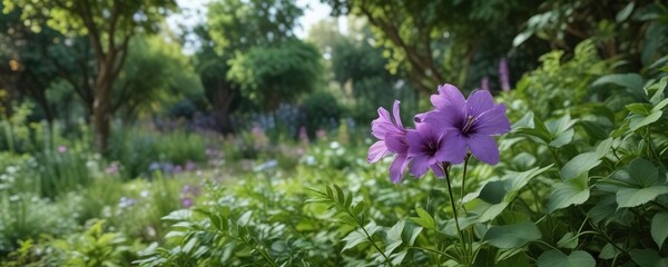 Fototapeta premium Purple flower blooms in a lush green garden surrounded by leaves and stems, gardens, garden details, greenery, floral arrangements, blooming flowers