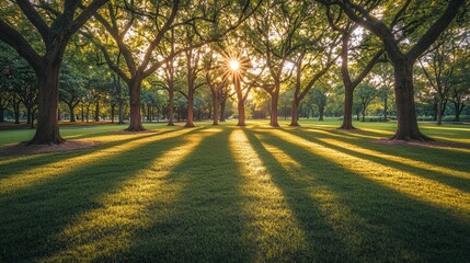 Fototapeta premium Sunlit Park Path with Green Grass and Trees