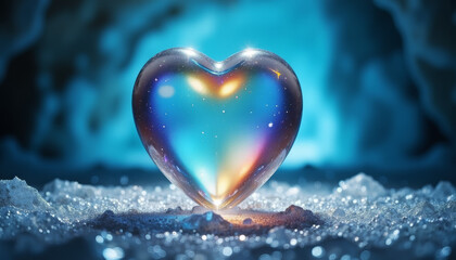 Fototapeta premium Heart-shaped crystal reflecting rainbows in icy cave, beauty of nature