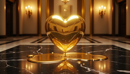 Molten gold heart dripping on black marble, luxury and elegance