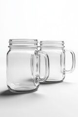 Two Empty Glass Mason Jars with Handles, a Simple and Clean Still Life Photography