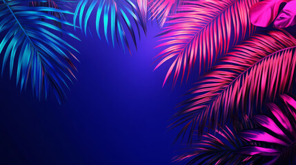 Vibrant tropical palm leaves neon colors against blue background