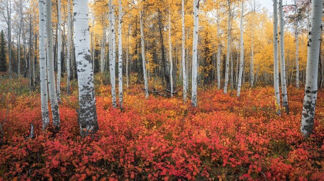 Beautiful autumn forest with white trees and colorful leaves