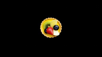 A top-down view of a vibrant fruit tart with a golden crust, topped with blueberries, strawberries, and kiwi slices,