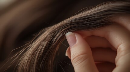 A human hand gently holding and touching strands of brown hair
