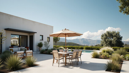 Fototapeta premium Modern dining area under sunshade by pool, outdoor relaxation