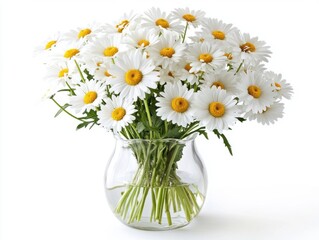 Fresh daisies arranged in a glass vase on a white background © CaptureCollabStudios