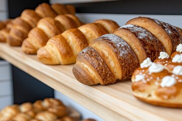 Rustic bakery displaying fresh loaves, croissants, and pastries on wooden shelves in a charming atmosphere