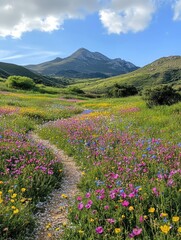 Obraz premium A scenic trail traverses a field of colorful wildflowers towards distant mountains