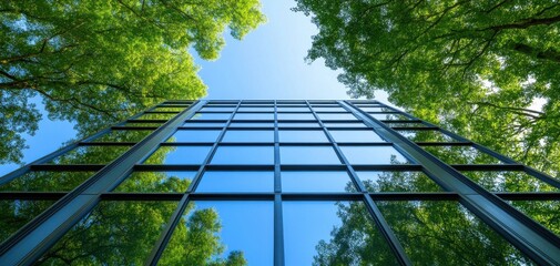 freshness of an environmental-conscious urban space featuring a modern glass building embraced by lush greenery and trees, symbolizing sustainability and a deep connection to nature.