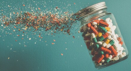 A large question mark set against a blue backdrop is surrounded by scattered pills and capsules, symbolizing uncertainty in health decisions