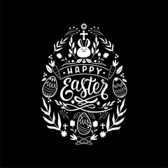 Black and white Happy Easter 2025 typopgraphy greeting card in decorated the egg shape clip arts. Best for Easter greeting, digital prints, t-shirt and flyer. 