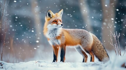 A Beautiful Fox Standing Gracefully In The Winter Snowfall