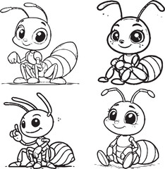 Charming Cartoon Ant Silhouettes - Black and White Illustrations