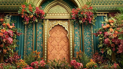 A richly decorated Indian-inspired backdrop, adorned with vibrant floral arrangements and intricate details.